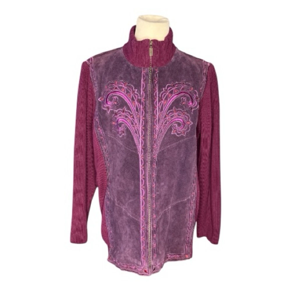 Bob Mackie Suede Embroidered Jacket Purple Knit Trim Zip Size 1X NWT